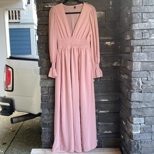 WOMENS SHEIN LONG LOW V NECK DRESS IN DUSTY PINK SIZE:L